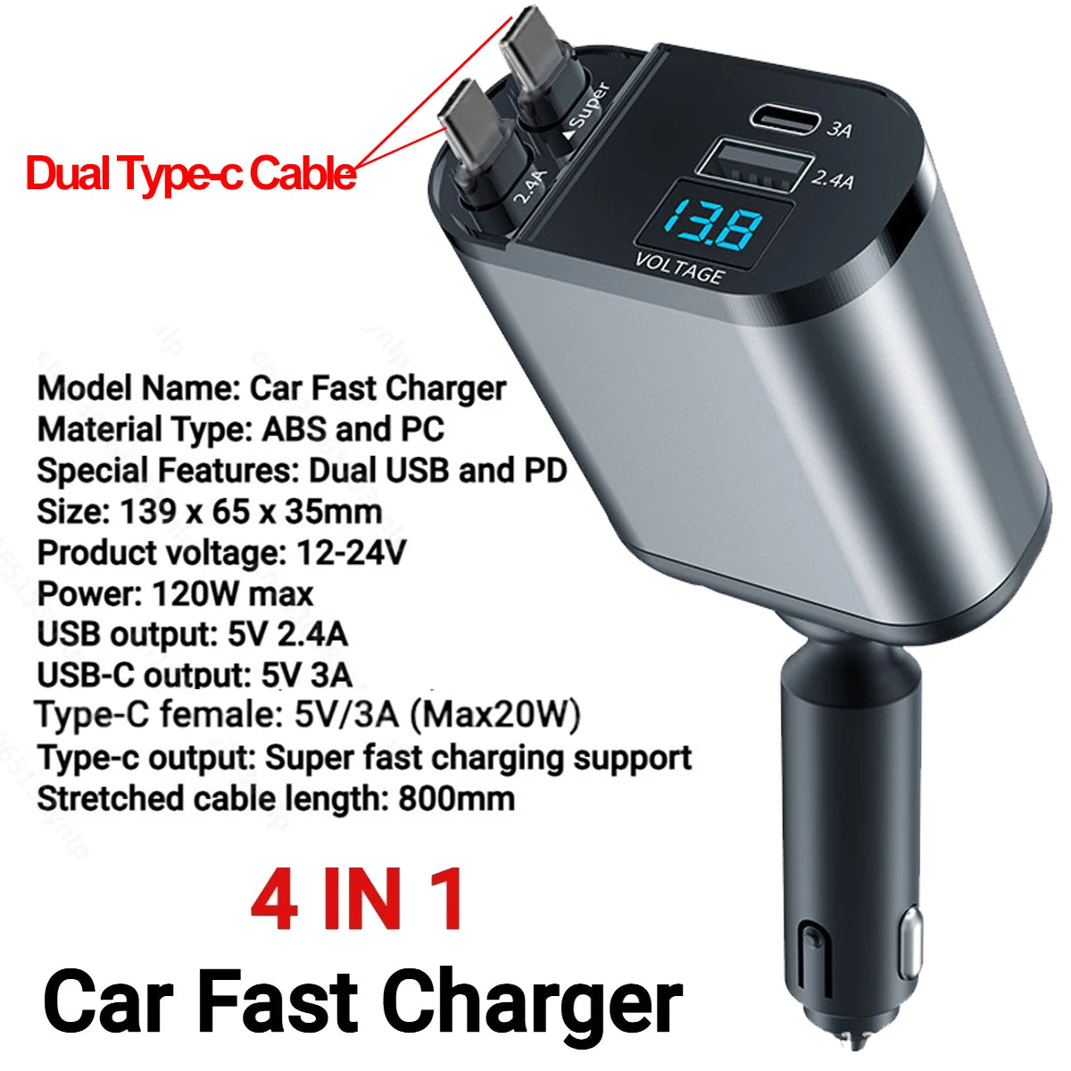 120W Car Charger Car Super Fast Charge Flash Charging, Telescopic Cable 4 in 1 Car Charger 2 USB Ports Adapter Compatible