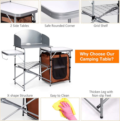 With 26'' Tabletop and Detachable Windscreen, Aluminum Portable Camp Cook Station Carry Bag Quick Set-Up, BBQ Camping Picnic Ba
