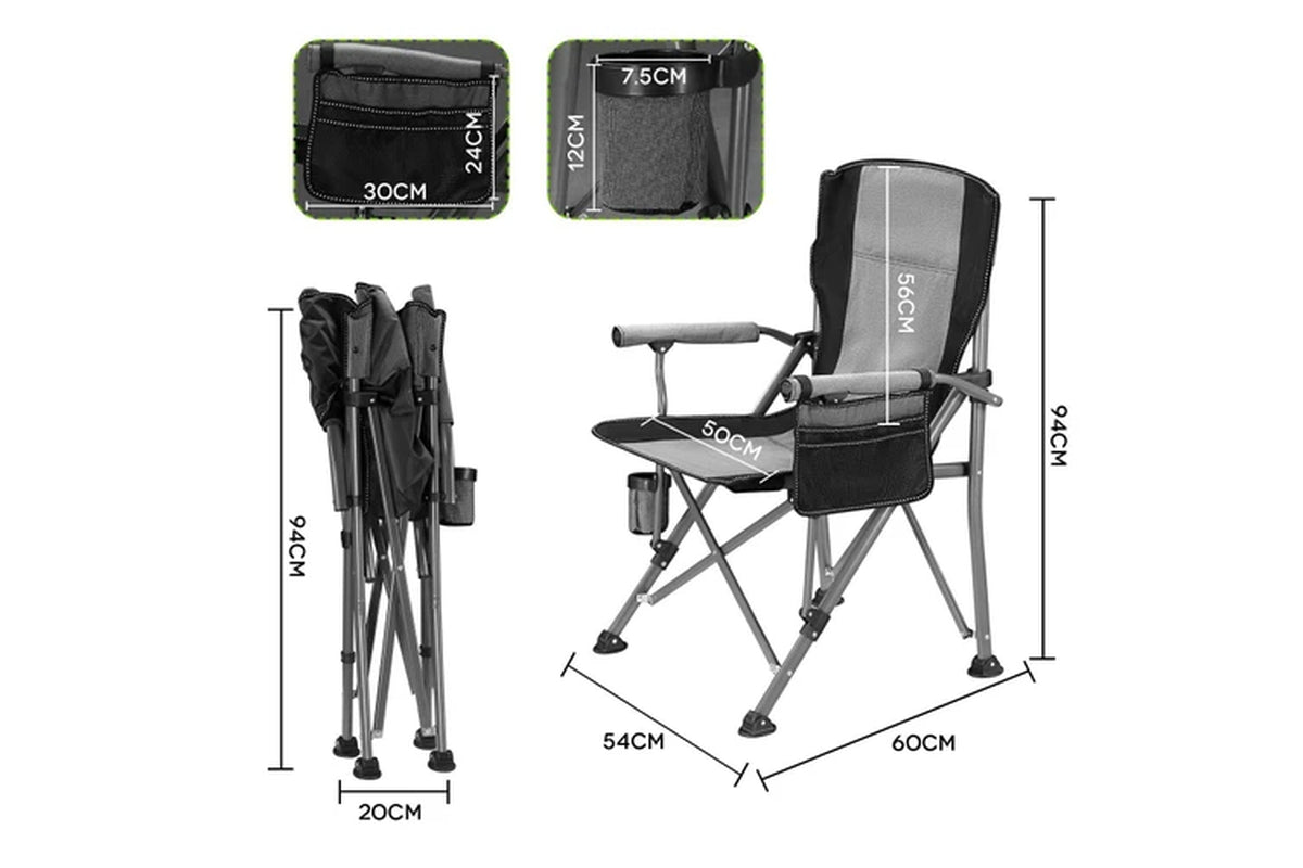 Folding Camping Chair Picnic Hiking Outdoor Beach Fishing Seat Lawn Patio Seating Furniture Portable Lightweight with Armrests Cup Holder Grey
