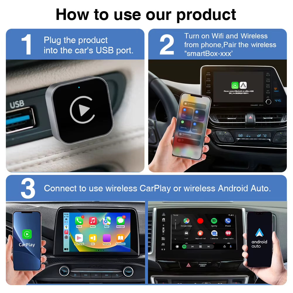 Wireless Android Auto Carplay Box/Adapter Carplay AI Box Convert Wired to Wireless Smart Box Auto Connect for Factory Wired Cars