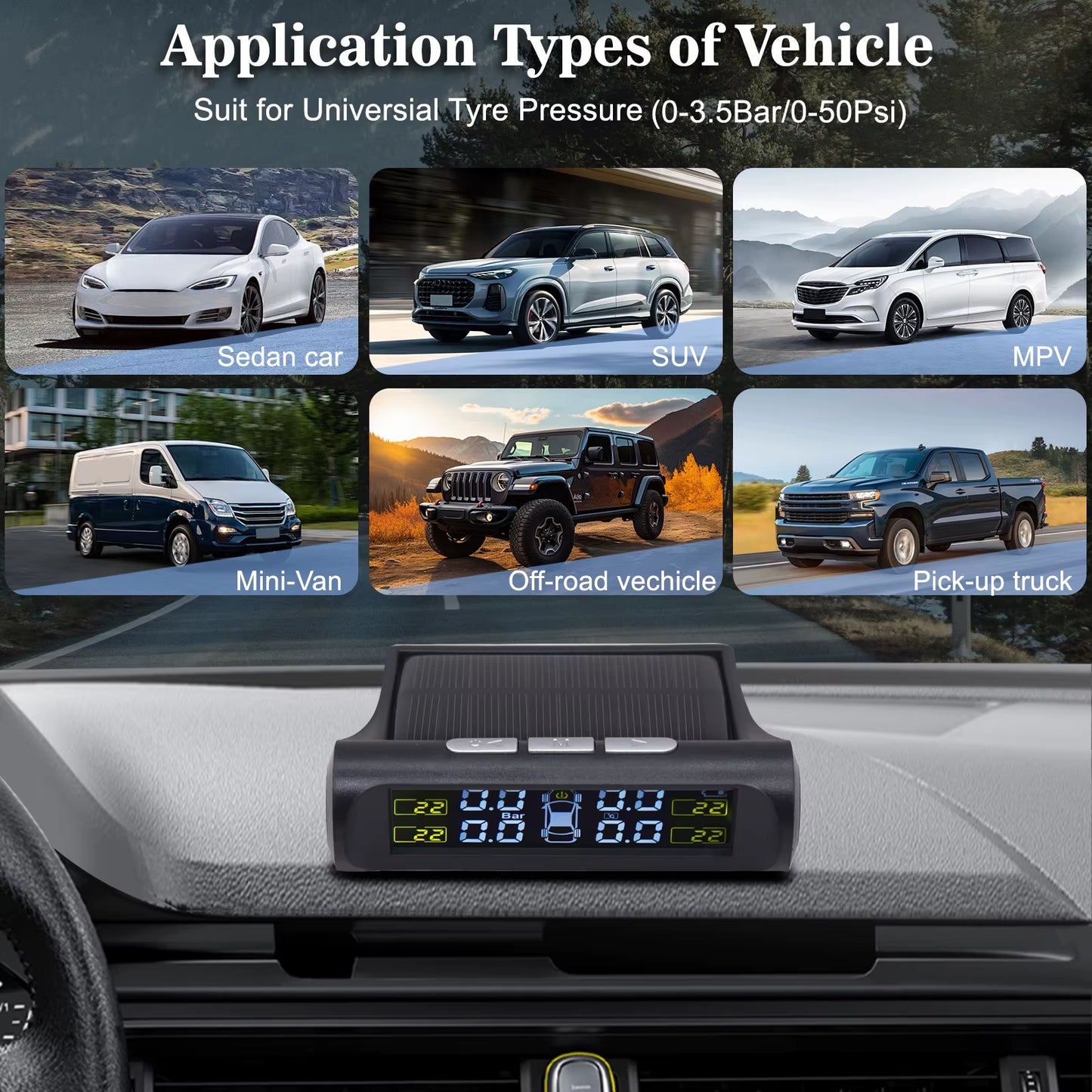 TPMS Solar Tyre Pressure Sensor Car Tyre Pressure Monitoring System with 4 Wheel Internal External Sensors TPMS