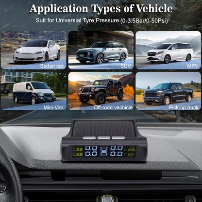 TPMS Solar Tyre Pressure Sensor Car Tyre Pressure Monitoring System with 4 Wheel Internal External Sensors TPMS
