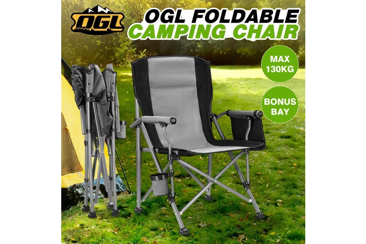 Folding Camping Chair Picnic Hiking Outdoor Beach Fishing Seat Lawn Patio Seating Furniture Portable Lightweight with Armrests Cup Holder Grey