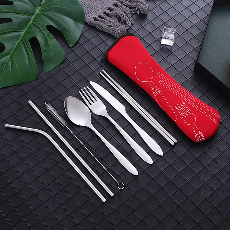 8Pcs/Set Portable Tableware Bag Cutlery Zipper Bag Dinnerware Picnic Fork Spoon Dinnerware Outdoor Camping Picnicking Tools