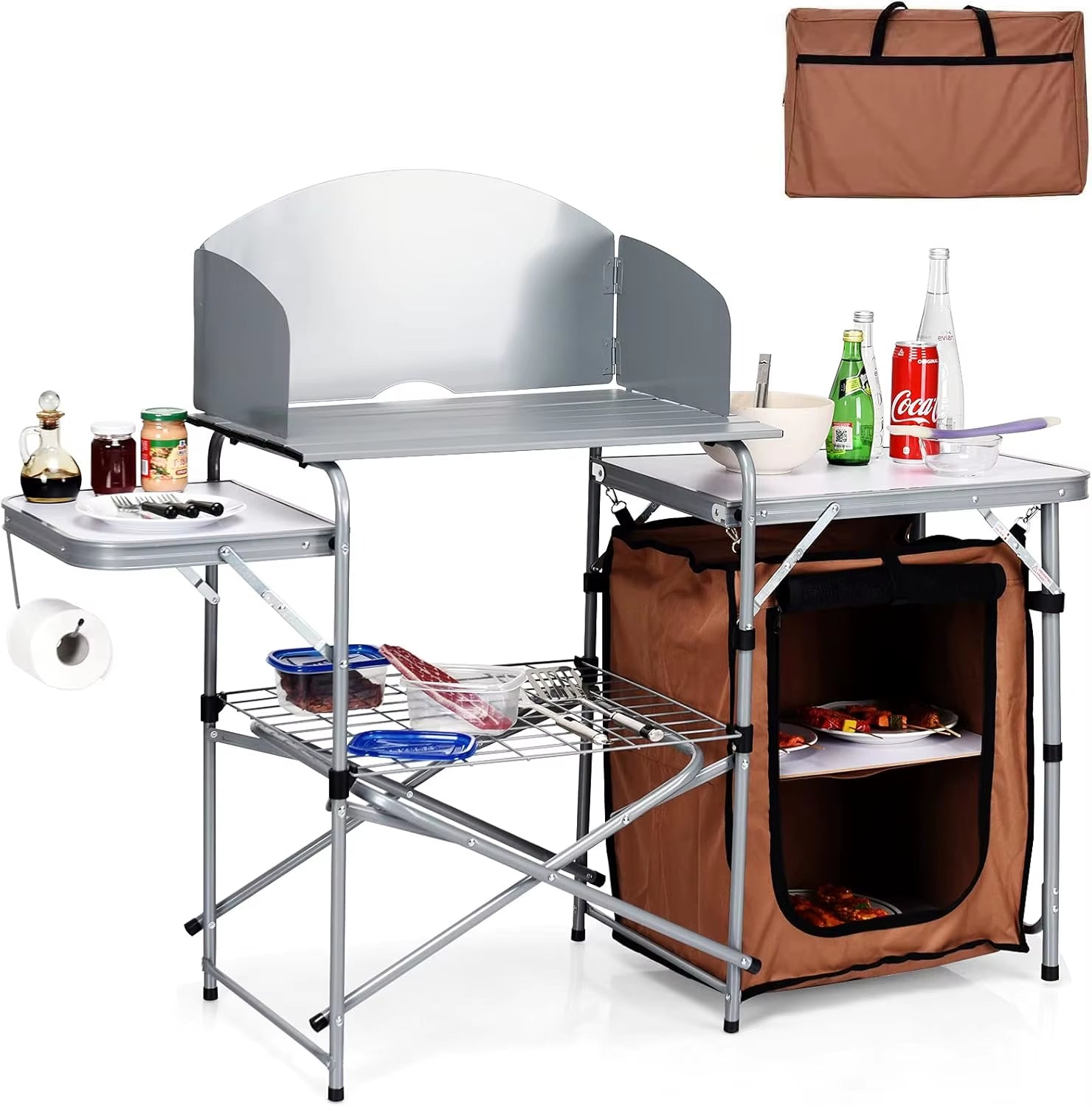 With 26'' Tabletop and Detachable Windscreen, Aluminum Portable Camp Cook Station Carry Bag Quick Set-Up, BBQ Camping Picnic Ba