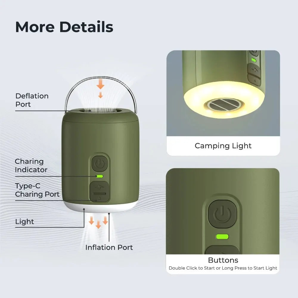 Electric Air Pump Ultralight Portable Nano Pump 2 Rechargeable Battery with Camping Lantern for Air Cushion, Air Pillow