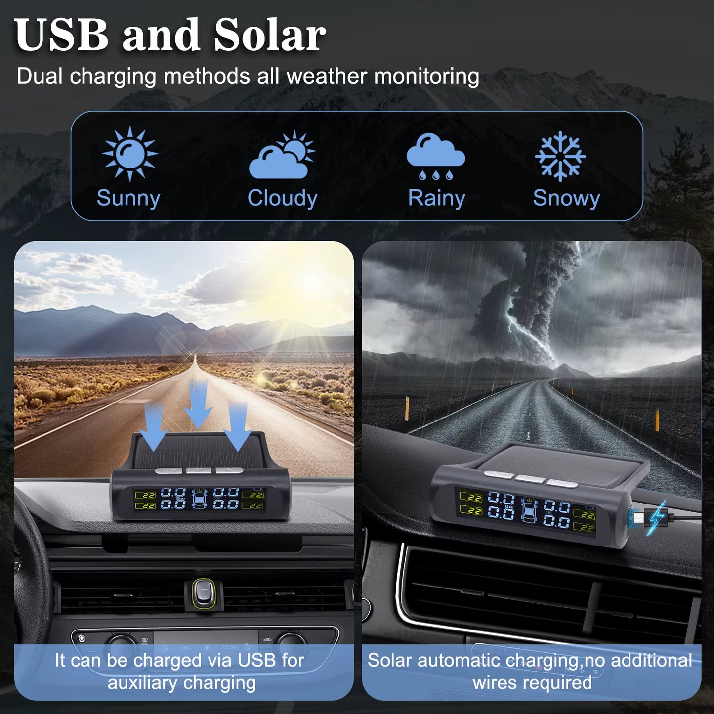 TPMS Solar Tyre Pressure Sensor Car Tyre Pressure Monitoring System with 4 Wheel Internal External Sensors TPMS