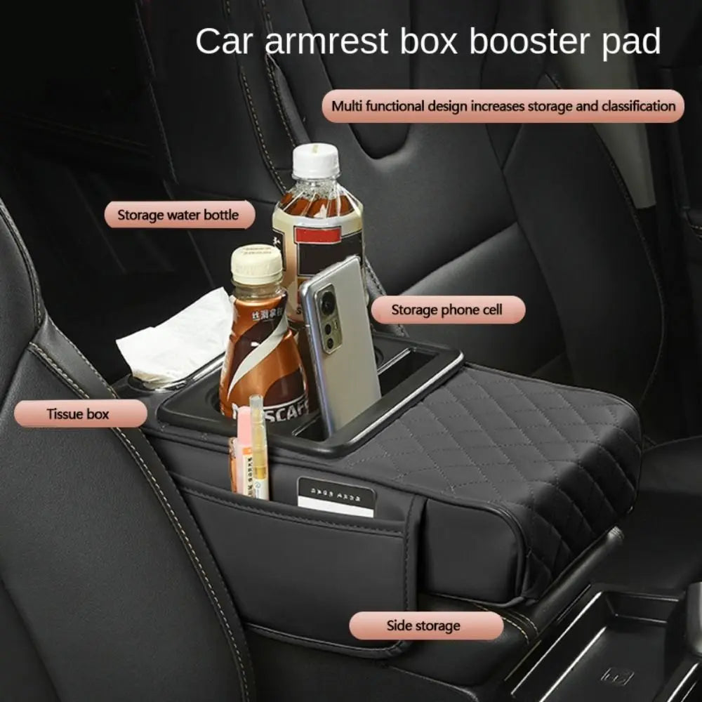 Auto Center Console Armrest Cushion with 2 Cup Holder PU Leather Armrest Pad Portable Car Amrest Pillow Cover Height Pad