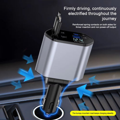 120W Car Charger Car Super Fast Charge Flash Charging, Telescopic Cable 4 in 1 Car Charger 2 USB Ports Adapter Compatible
