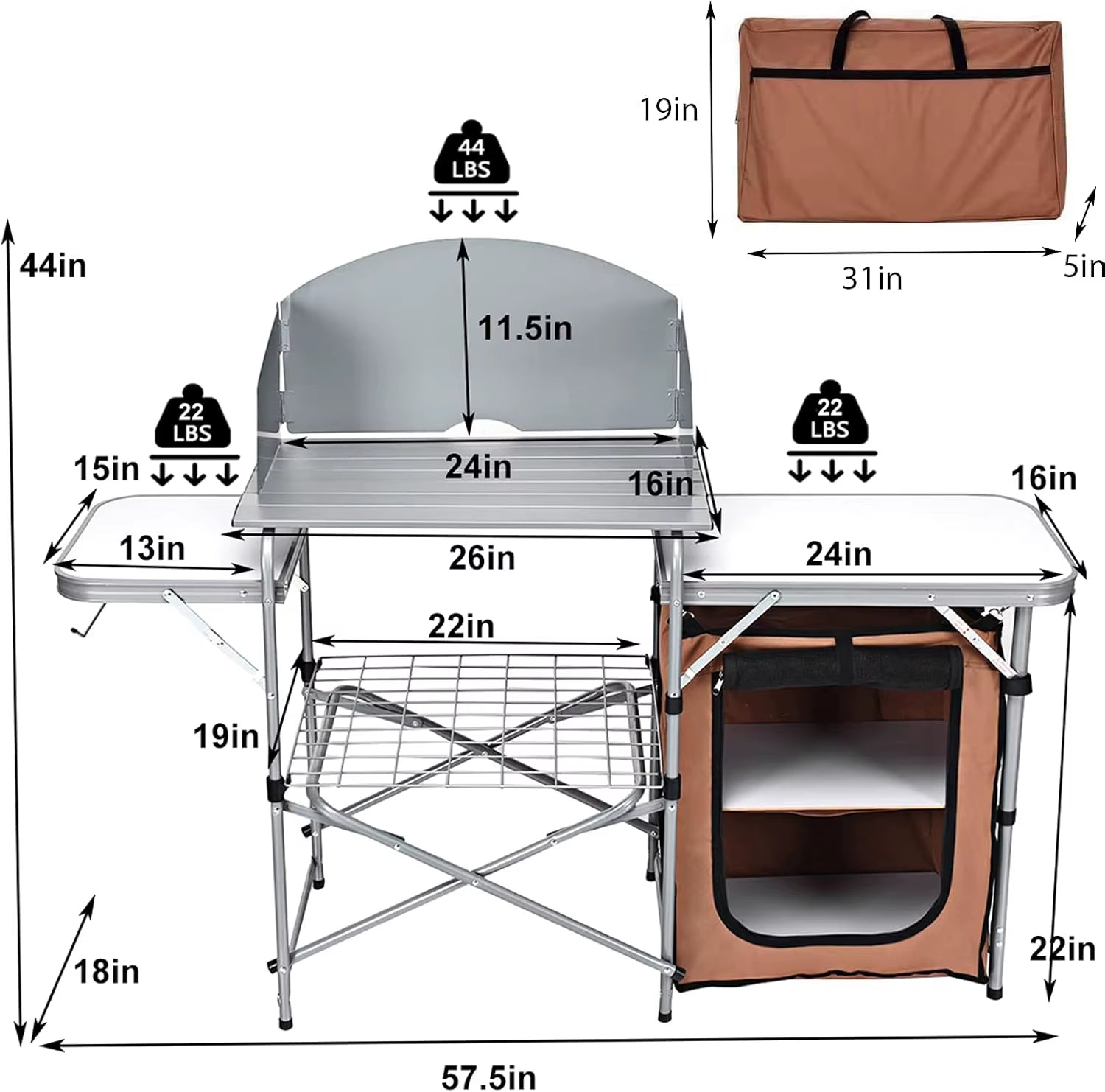With 26'' Tabletop and Detachable Windscreen, Aluminum Portable Camp Cook Station Carry Bag Quick Set-Up, BBQ Camping Picnic Ba