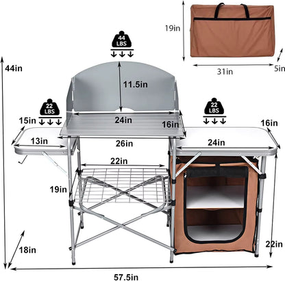 With 26'' Tabletop and Detachable Windscreen, Aluminum Portable Camp Cook Station Carry Bag Quick Set-Up, BBQ Camping Picnic Ba