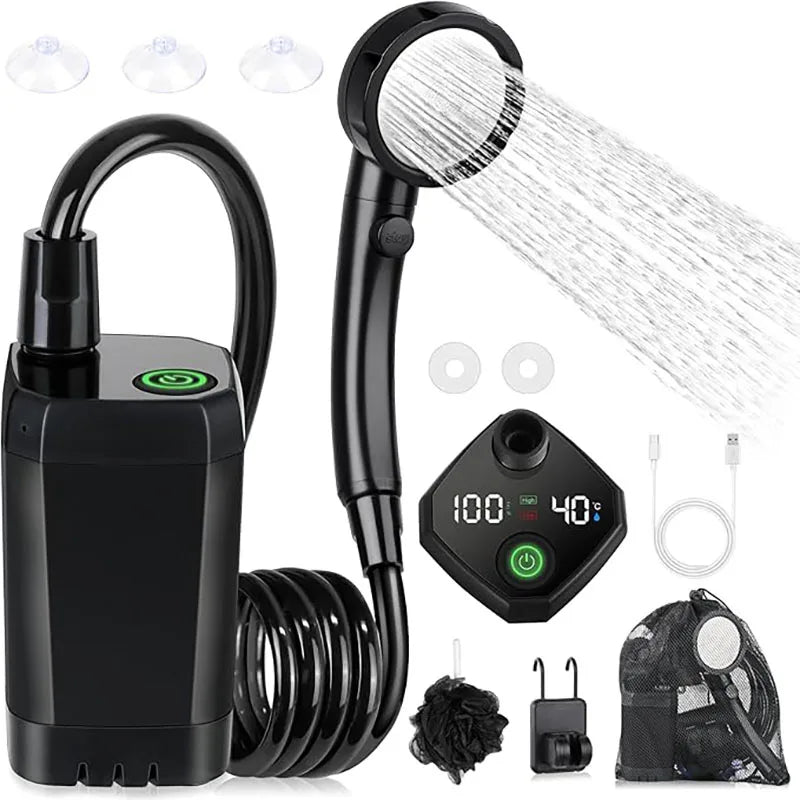 Rechargeable Portable Camping Shower with 6000mAh Battery, LED Display, and Electric Pump