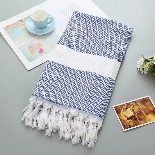 Turkish Geometric Diamond Woven Jacquard Blanket with Tassels - Versatile Sofa and Beach Towel