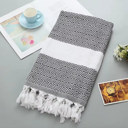 Turkish Geometric Diamond Woven Jacquard Blanket with Tassels - Versatile Sofa and Beach Towel