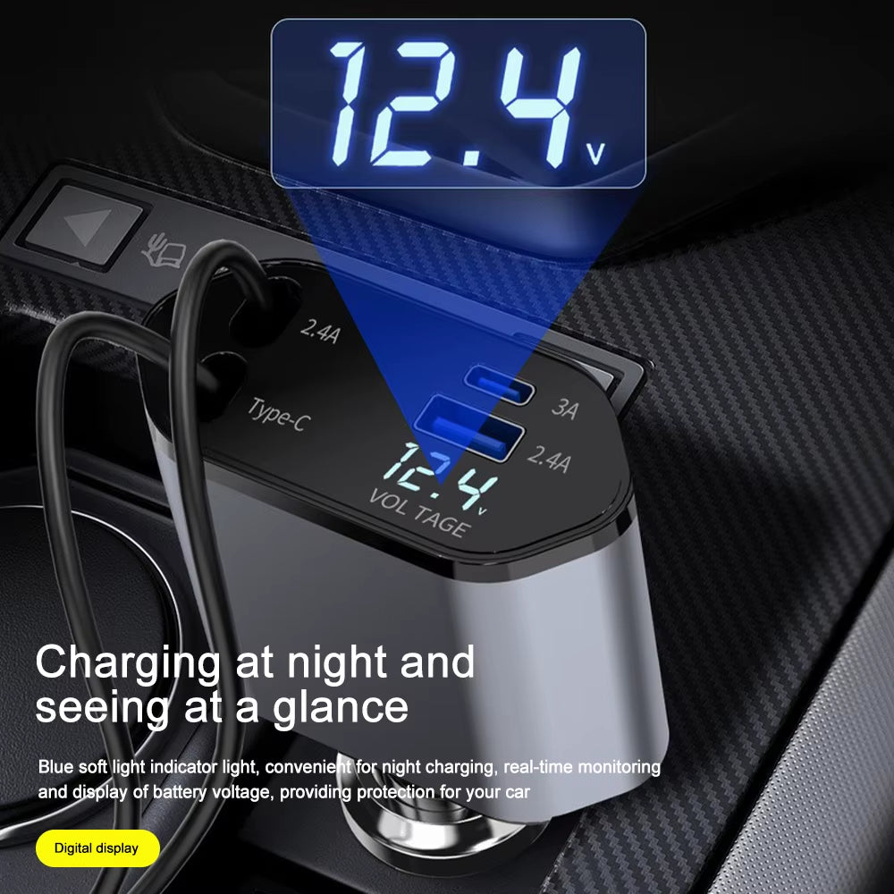 120W Car Charger Car Super Fast Charge Flash Charging, Telescopic Cable 4 in 1 Car Charger 2 USB Ports Adapter Compatible