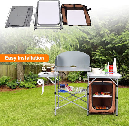 With 26'' Tabletop and Detachable Windscreen, Aluminum Portable Camp Cook Station Carry Bag Quick Set-Up, BBQ Camping Picnic Ba
