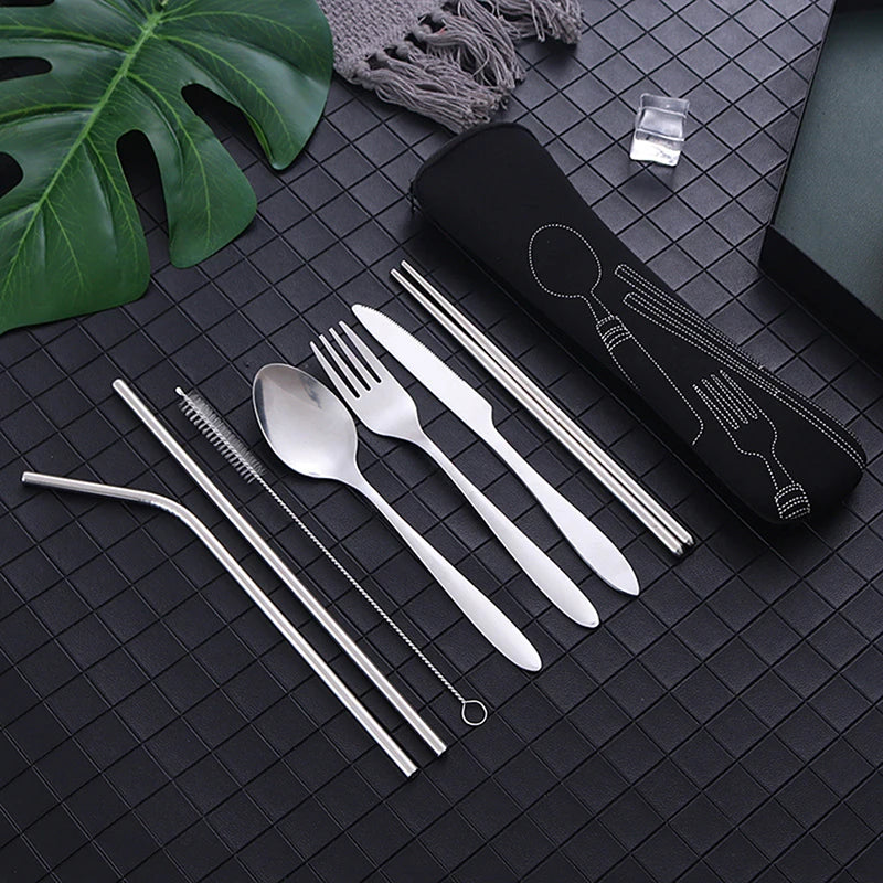 8Pcs/Set Portable Tableware Bag Cutlery Zipper Bag Dinnerware Picnic Fork Spoon Dinnerware Outdoor Camping Picnicking Tools