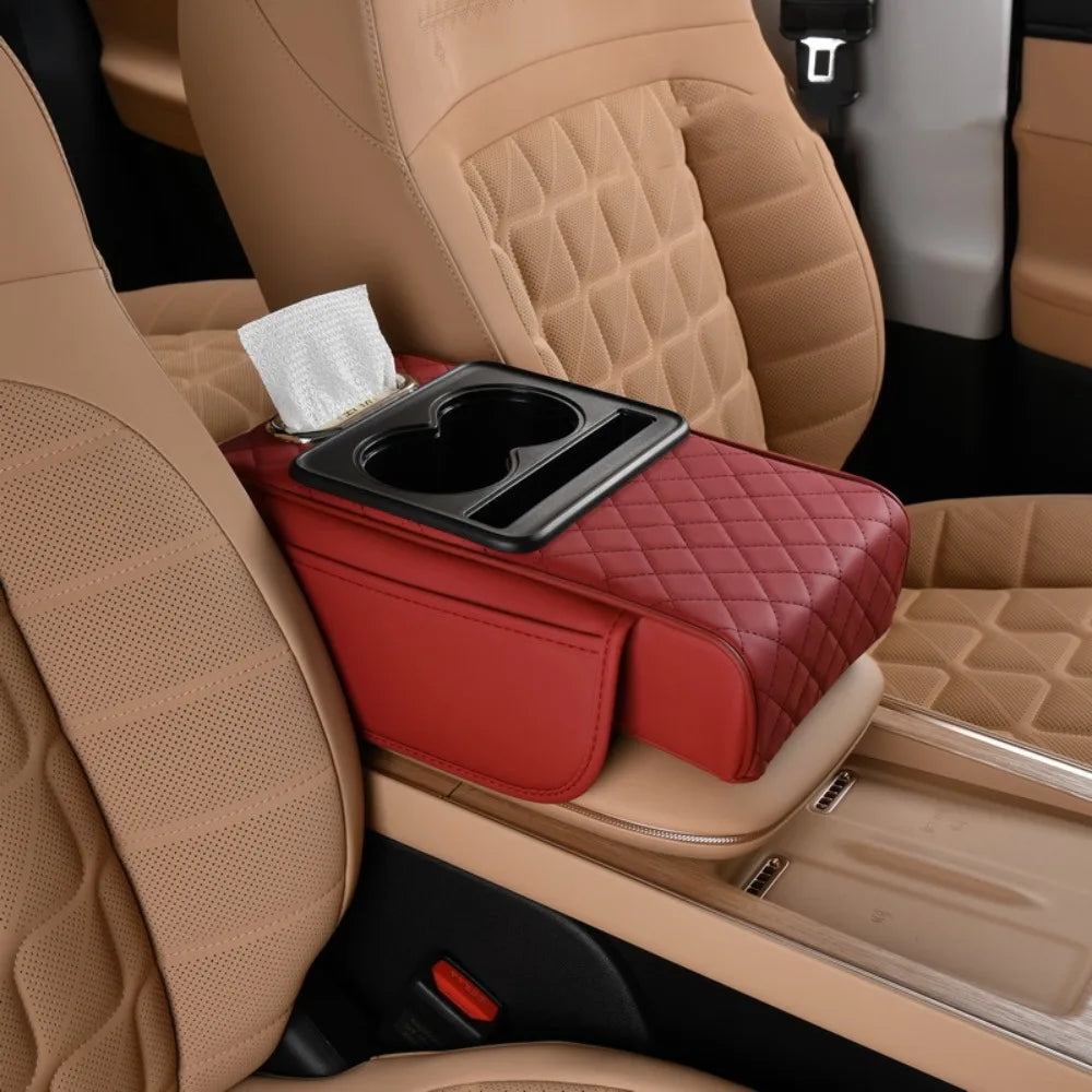 Auto Center Console Armrest Cushion with 2 Cup Holder PU Leather Armrest Pad Portable Car Amrest Pillow Cover Height Pad
