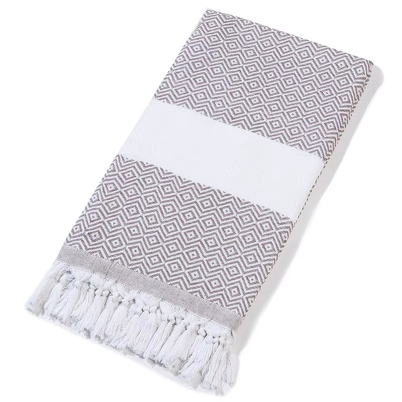Turkish Geometric Diamond Woven Jacquard Blanket with Tassels - Versatile Sofa and Beach Towel