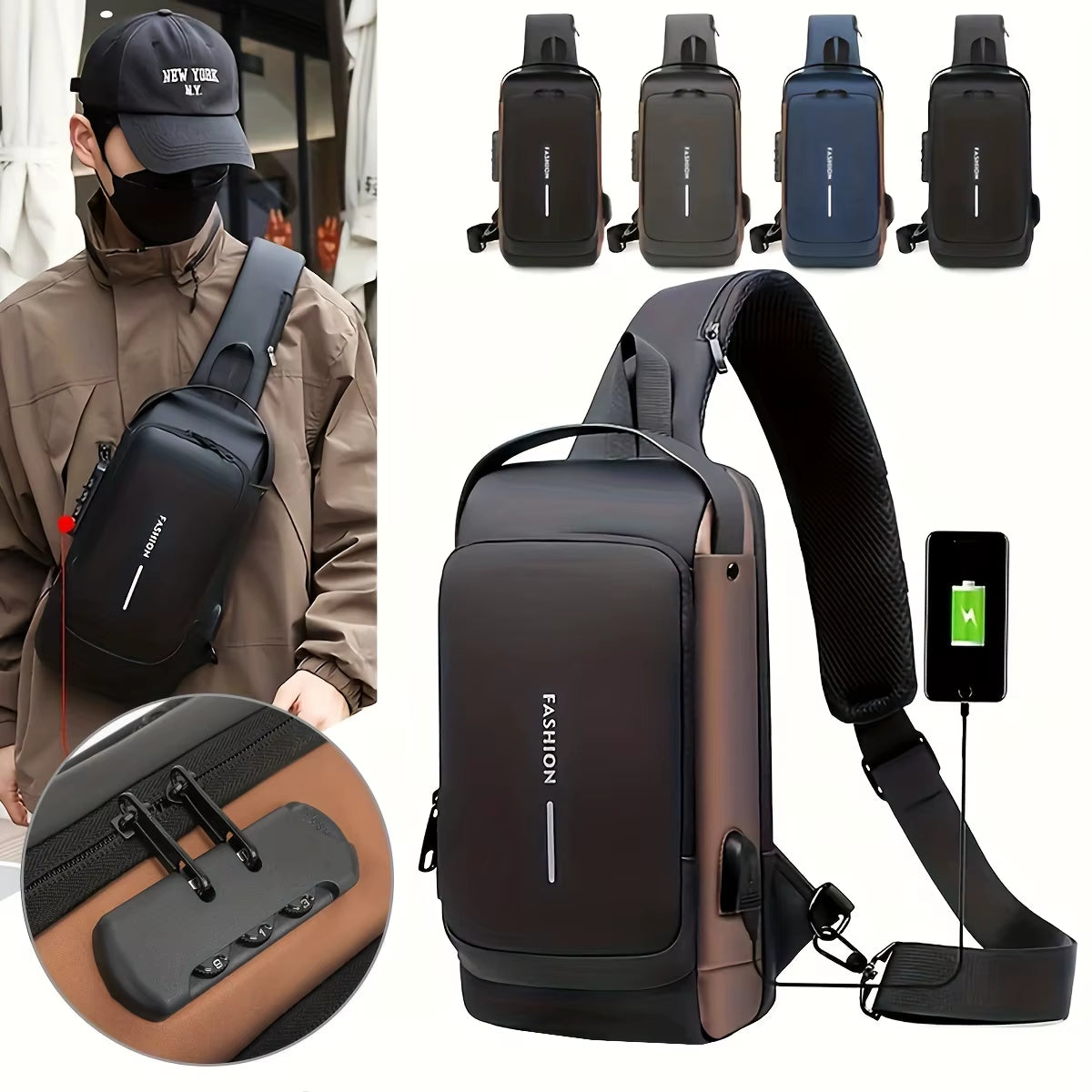 Password Lock Anti-Theft Men'S Bag Men'S Chest Bag Casual Sports Small Backpack Shoulder Crossbody Bag Motorcycle Bag