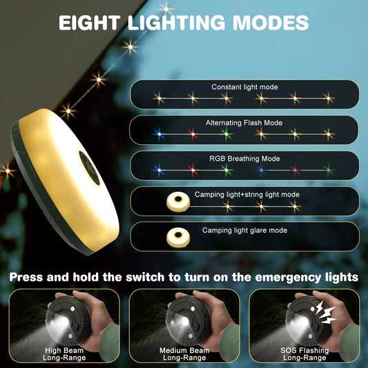 Camping String Lights 2 In1 Outdoor Waterproof Portable Stowable String Light with Lighting Modes USB Camping Lights for Hiking