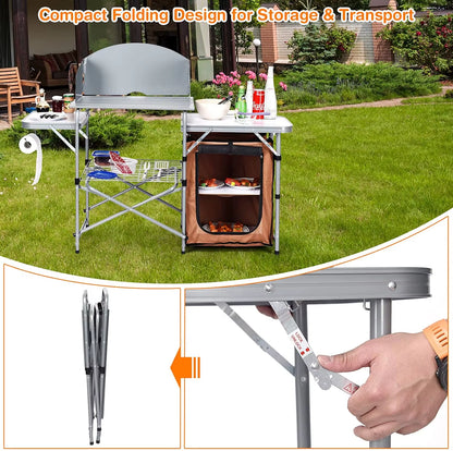 With 26'' Tabletop and Detachable Windscreen, Aluminum Portable Camp Cook Station Carry Bag Quick Set-Up, BBQ Camping Picnic Ba