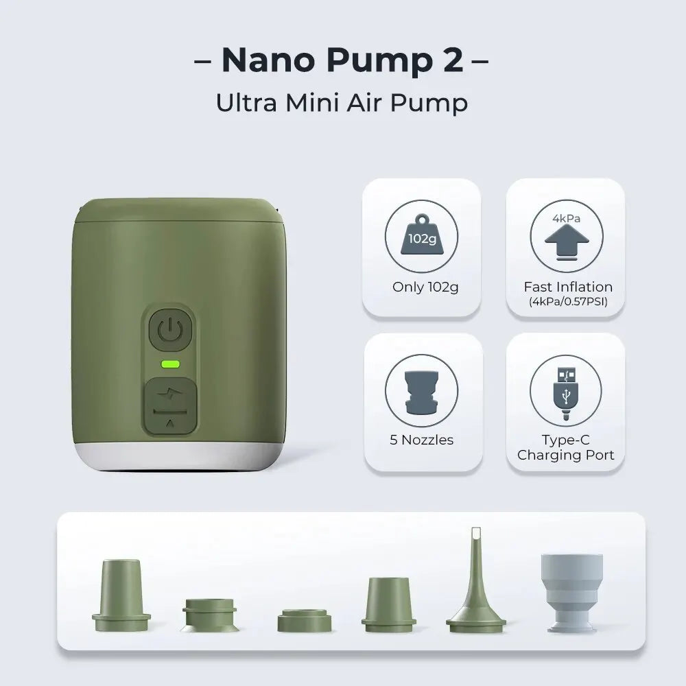 Electric Air Pump Ultralight Portable Nano Pump 2 Rechargeable Battery with Camping Lantern for Air Cushion, Air Pillow
