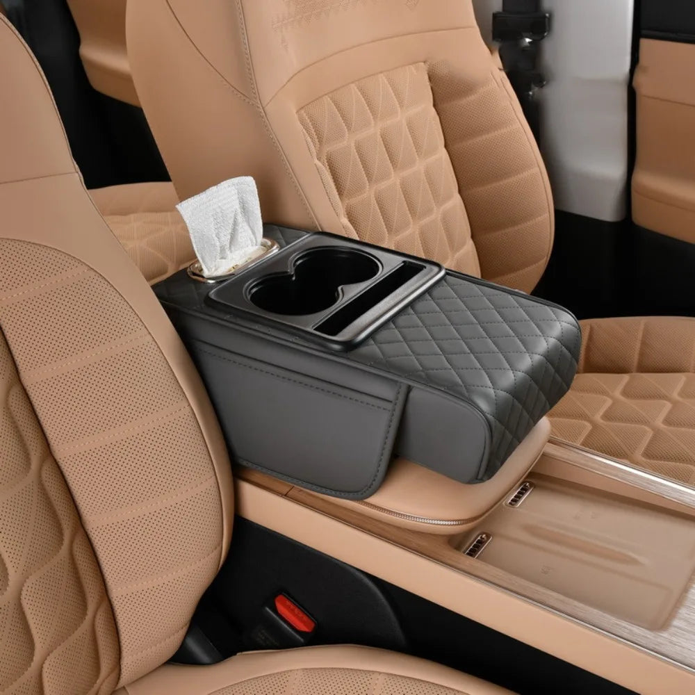 Auto Center Console Armrest Cushion with 2 Cup Holder PU Leather Armrest Pad Portable Car Amrest Pillow Cover Height Pad