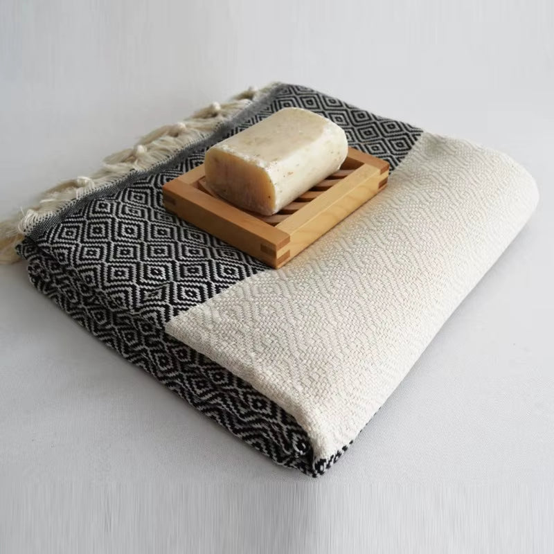 Turkish Geometric Diamond Woven Jacquard Blanket with Tassels - Versatile Sofa and Beach Towel