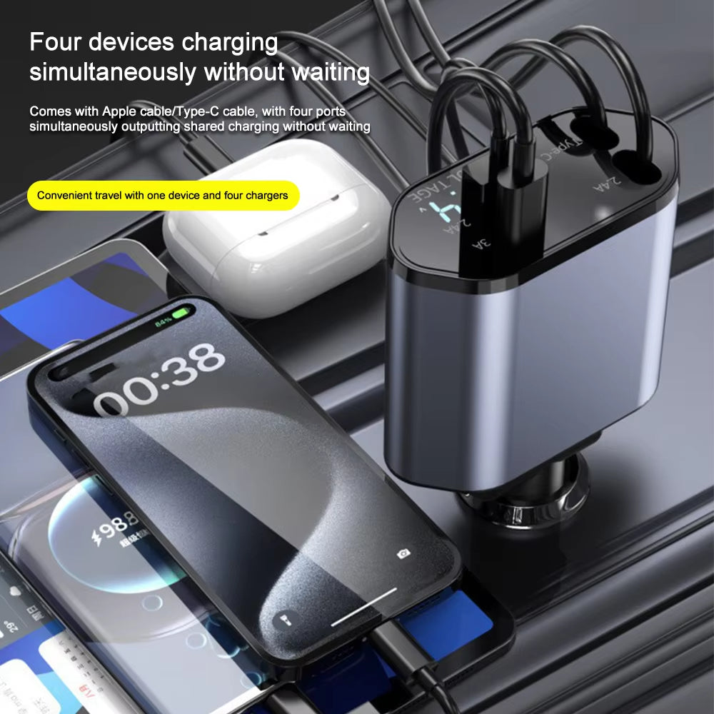 120W Car Charger Car Super Fast Charge Flash Charging, Telescopic Cable 4 in 1 Car Charger 2 USB Ports Adapter Compatible