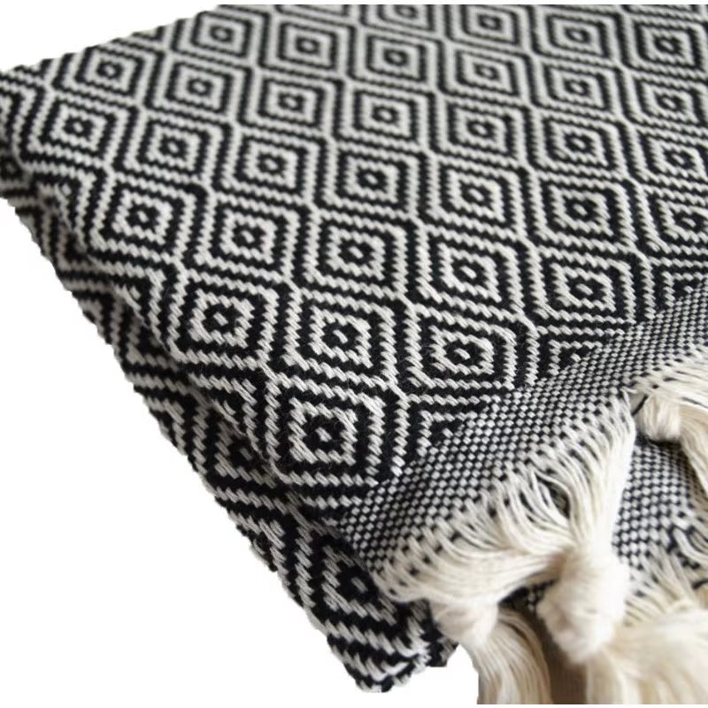 Turkish Geometric Diamond Woven Jacquard Blanket with Tassels - Versatile Sofa and Beach Towel