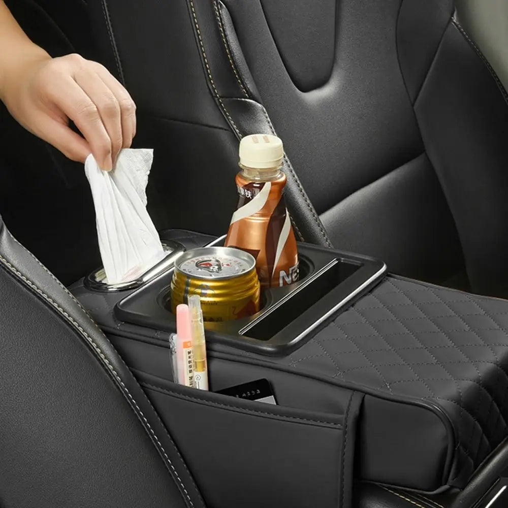 Auto Center Console Armrest Cushion with 2 Cup Holder PU Leather Armrest Pad Portable Car Amrest Pillow Cover Height Pad