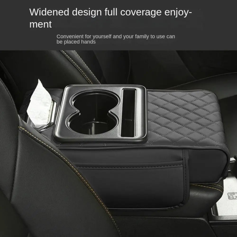 Auto Center Console Armrest Cushion with 2 Cup Holder PU Leather Armrest Pad Portable Car Amrest Pillow Cover Height Pad
