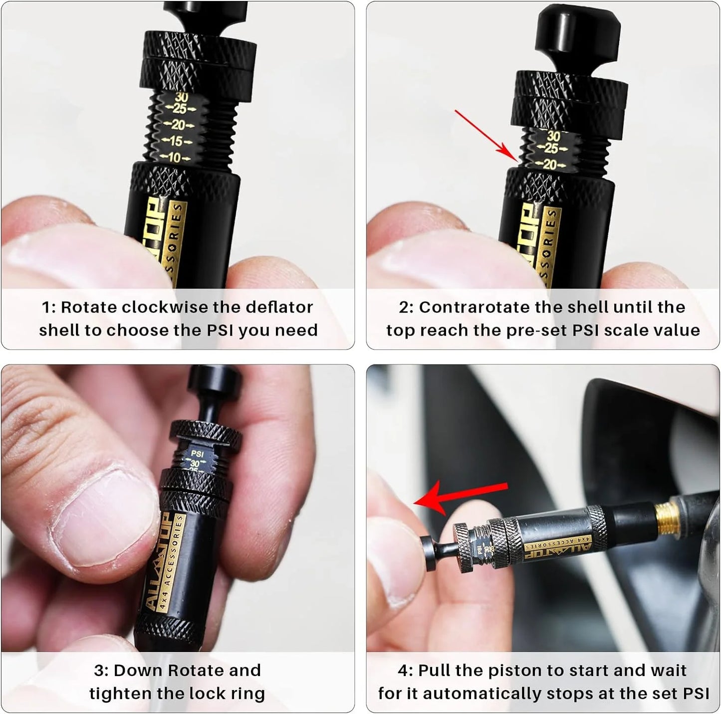 Tire Deflator Air down Auto Offroad Kit (10-30 PSI) 4 PCS Screw-On Tyre Air down Tool for Vehicles Motorcycle Tire Repair Tools