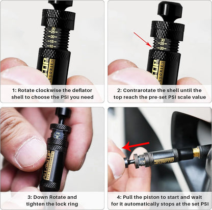 Tire Deflator Air down Auto Offroad Kit (10-30 PSI) 4 PCS Screw-On Tyre Air down Tool for Vehicles Motorcycle Tire Repair Tools