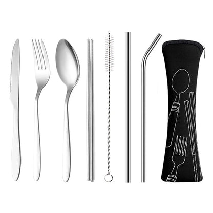 8Pcs/Set Portable Tableware Bag Cutlery Zipper Bag Dinnerware Picnic Fork Spoon Dinnerware Outdoor Camping Picnicking Tools