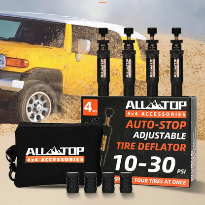Tire Deflator Air down Auto Offroad Kit (10-30 PSI) 4 PCS Screw-On Tyre Air down Tool for Vehicles Motorcycle Tire Repair Tools
